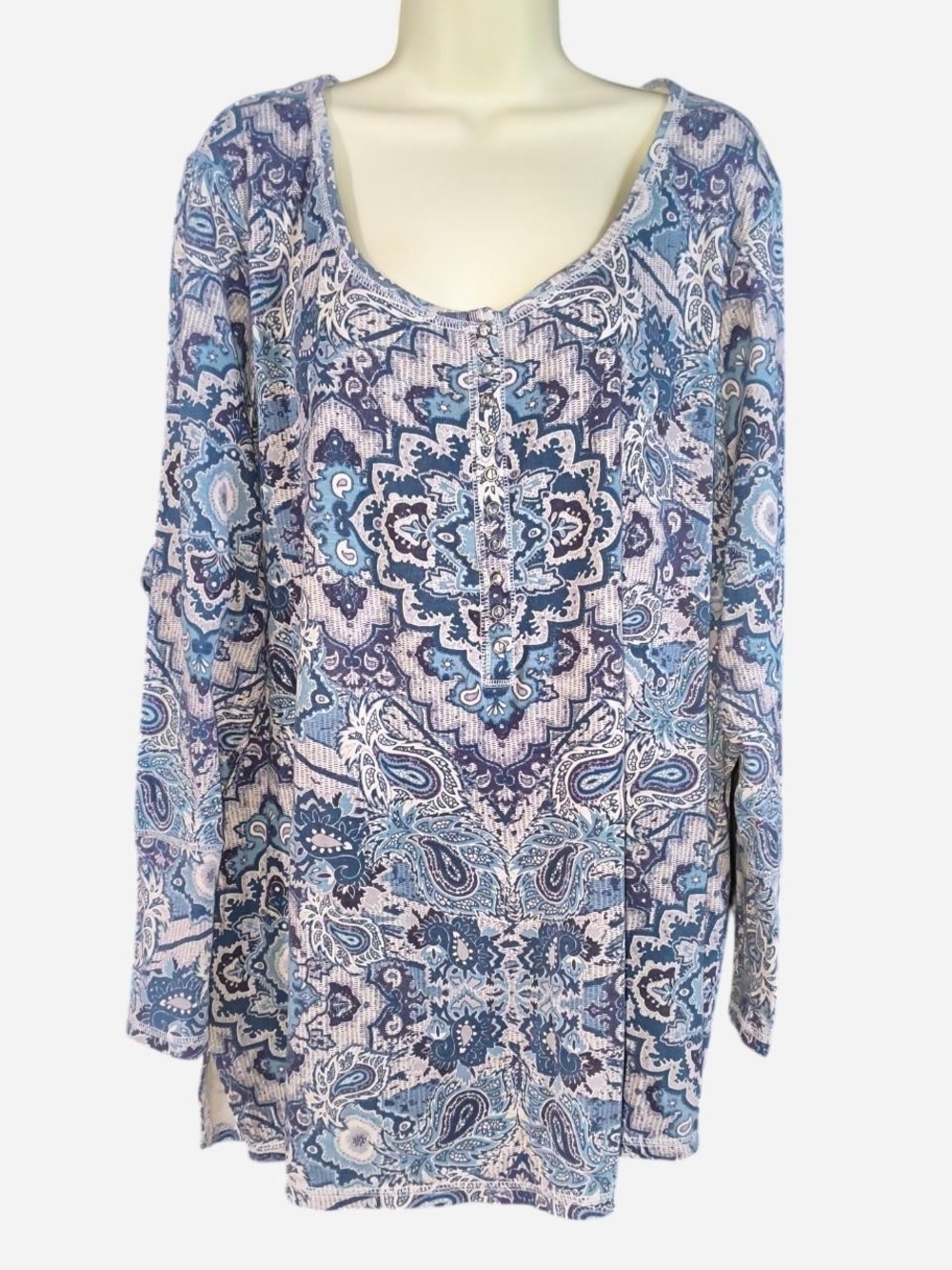 Ruff Hewn Blue Paisley Long Sleeve Scoop Neck Top